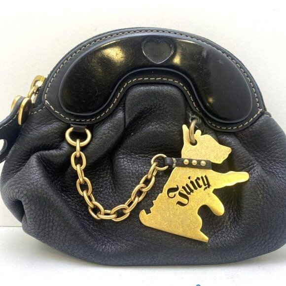 Juicy Couture Black Leather TOTE Wristlet LOVE P & G Wallet RARE Dog Charm MINT
